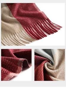 Detail of red and beige plaid scarf showing soft cashmere-like fabric and neat tassels