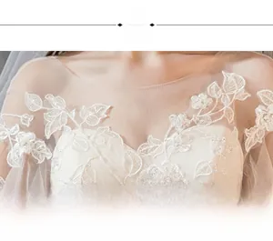 Close-up of elegant off-shoulder neckline with intricate floral lace and sequins embroidery