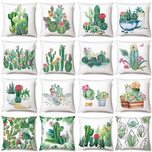 Grid view of 16 watercolor cactus and succulent linen pillow covers on white background