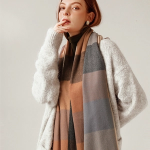 Elegant striped color-block shawl scarf for women in brown orange and grey wool blend