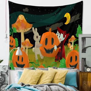 Cozy bedroom setting showing a cartoon Halloween tapestry with pumpkins and rabbits