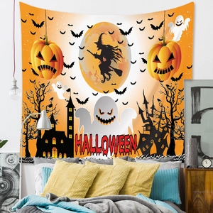 Detail of Halloween tapestry featuring wizard, pumpkin, and bats in vibrant orange colors