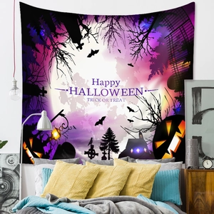 Detail of Halloween tapestry featuring moon, bats and castle for spooky wall decor