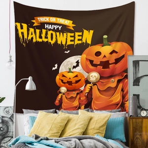 Detail of Halloween tapestry with pumpkin characters and Trick or Treat typography on wall