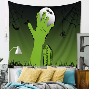 Bedroom wall with green zombie hand Halloween tapestry and bats decoration
