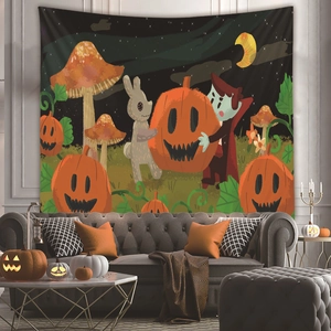 Detailed Halloween wall tapestry with cute pumpkins and vampires in a cozy living room setting
