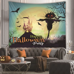Detail of Halloween tapestry with pumpkin scarecrow, castle, and bats in a cozy room set