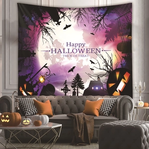 Close-up of Happy Halloween tapestry with bats, glowing pumpkins and haunted house