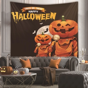 Halloween wall tapestry featuring anthropomorphic pumpkins over a modern gray sofa