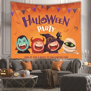 Detail of Halloween party wall tapestry featuring cartoon vampires and pumpkins in living room
