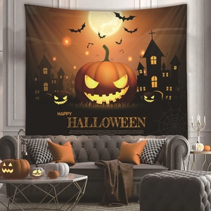 Halloween tapestry with pumpkin, bats and castle for spooky home living room decoration
