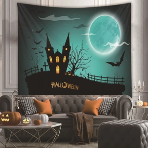 Halloween tapestry with castle and full moon for bohemian room wall decoration