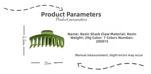 Detailed size specifications for 11cm resin shark hair clip in a matte green finish