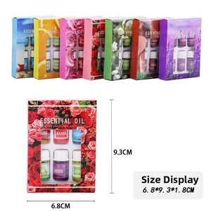 Detailed dimensions of water-soluble essential oil gift set showing individual scent packaging