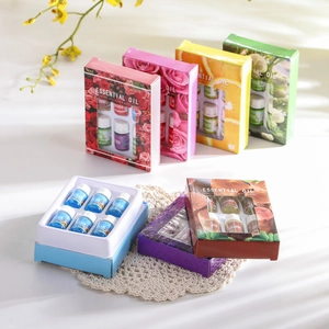 Close-up of 6-pack 3ml water soluble essential oils set with lavender and rose scents