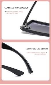Detail of reinforced metal hinge and curved mirror foot design for frameless sunglasses