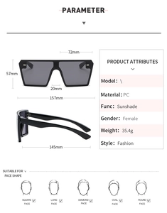 Detailed size specifications and face shape guide for oversized square rimless sunglasses