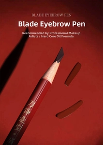 Macro shot of professional hard-core brow pencil with a flat-angled blade tip for precise strokes