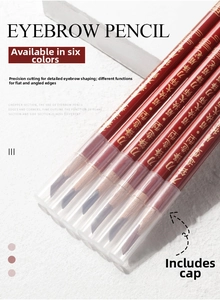 Close-up of professional eyebrow pencil set with precise blade-shaped tips and caps