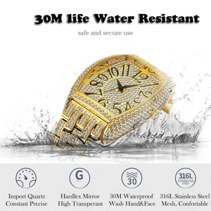 Detail of tonneau-shaped gold diamond watch showing 30M waterproof splashing effect