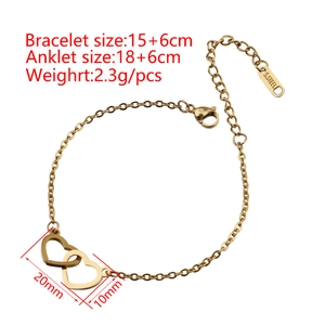 Golden stainless steel double heart interlocking bracelet and anklet on white background