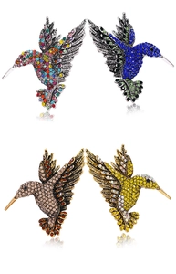 Detailed grid view of assorted rhinestone hummingbird brooches in vibrant colors