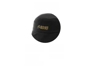Close-up of golden peacey letter embroidery on black cotton twill bucket hat
