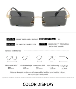 Size chart for rimless rectangular sunglasses with detailed frame and lens dimensions