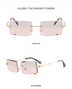 Detail view of rimless square sunglasses with golden metal frame and gradient pink lenses
