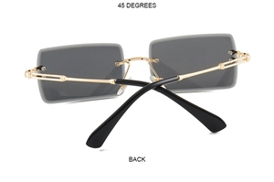 Detail view of square rimless sunglasses with gold metal temples and geometric structure