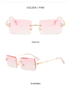 Front and 45-degree views of rimless rectangle sunglasses with pink gradient lenses