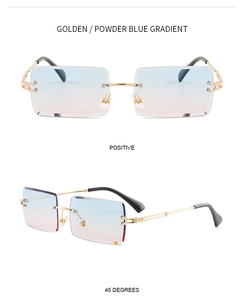 Close-up of rimless square sunglasses with pink-blue gradient lenses and gold temples