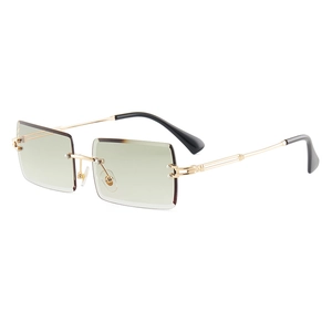 Square rimless gradient sunglasses with gold metal temples shown at a 45-degree side angle