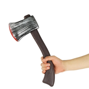 Realistic Halloween toy axe with silver plastic blade and brown faux wood grain handle