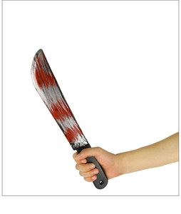 Detailed realistic plastic toy machete with red blood splatters for Halloween costumes