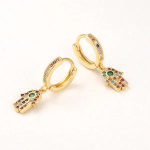 Golden Hamsa Hand earrings with colorful cubic zirconia and vibrant hoop design