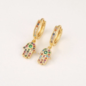 Detailed close-up of 18K gold plated Hamsa drop earrings with multi-colored zircon stones