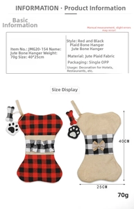 Close-up of 40x25cm bone-shaped Christmas stockings in burlap and red plaid fabric