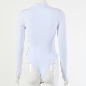 Detailed back view of white long sleeve round neck bodysuit showing elastic cotton fabric