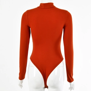 Rear view of tight-fitting long sleeve bodysuit in orange color on mannequin