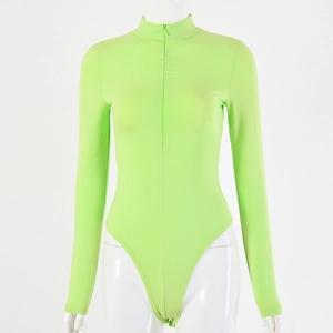 Detail view of neon green long sleeve bodysuit with functional front zipper design