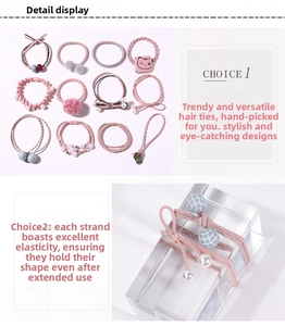 Detail display of pink elastic hair ties set with pearls, cat motifs and fabric balls