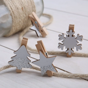 Wooden Decorative Clips Christmas Tree Snowflake Star Shapes Silver Glitter Mini Photo Memo Holders Holiday Party Decor