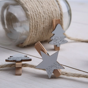 Christmas wooden clips with silver glitter stars and trees on hemp rope decor