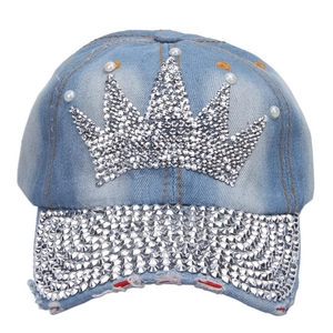 Detail of light blue denim baseball cap featuring rhinestone crown and pearl accents