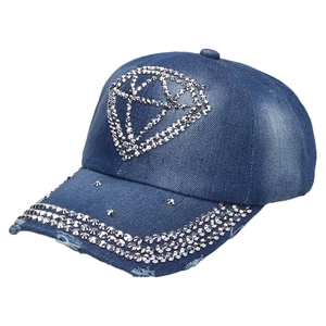 Deep blue denim baseball cap featuring sparkling crown diamond rhinestone decorations