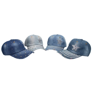 Detail of denim baseball caps with rhinestone star patterns and studded brims in various blue washes
