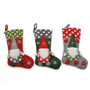 Set of 3 plush Christmas stockings with 3D gnomes, polka dots and hanging loops