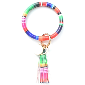 Detail view of colorful tie-dye PU leather wristlet keychain with fringe tassel and gold ring