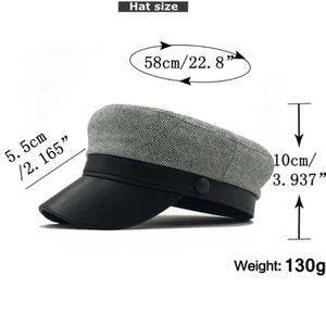 Detailed size chart showing grey plaid wool newsboy cap dimensions and 58cm head girth